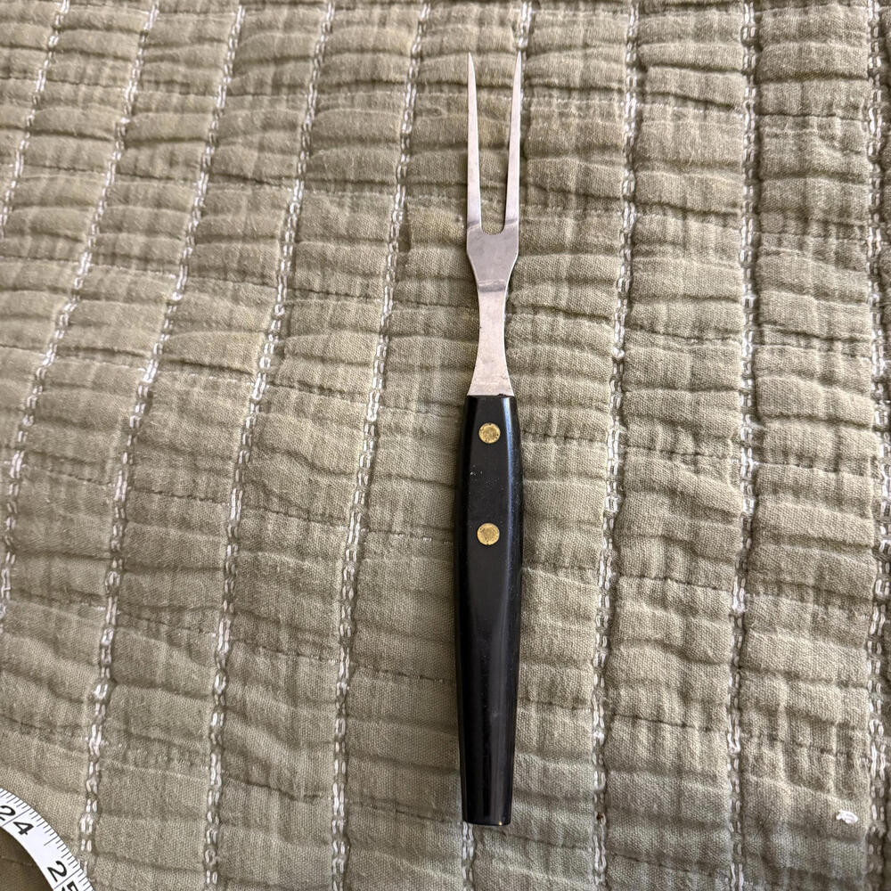 VINTAGE MCM Carving Fork Stainless Steel USA Bakelite (?) Black Handle Americana